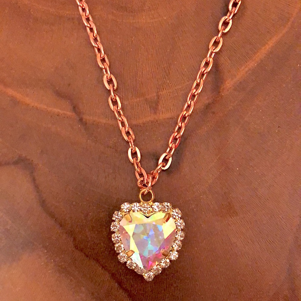 Aurora Borealis Crystal Halo Heart Drop Pendant Necklace - Picture 4 of 5